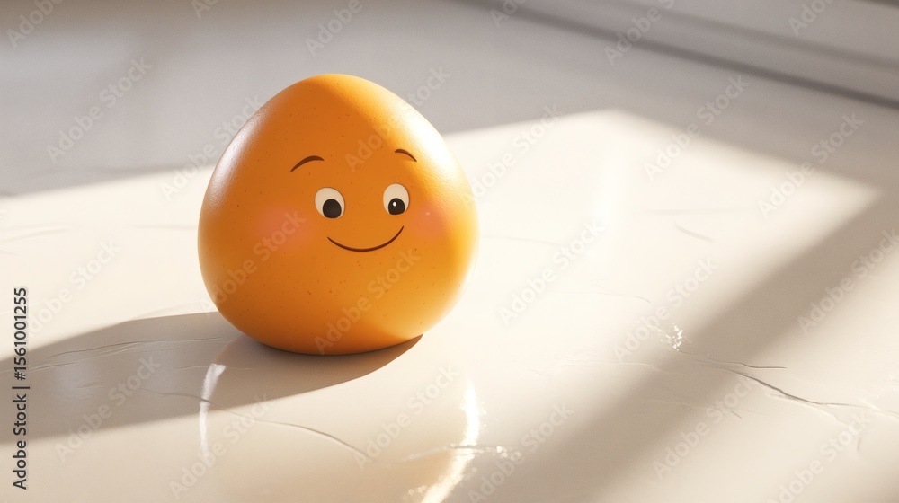 Poster a smiling anthropomorphic egg with blushing cheeks on the counter
