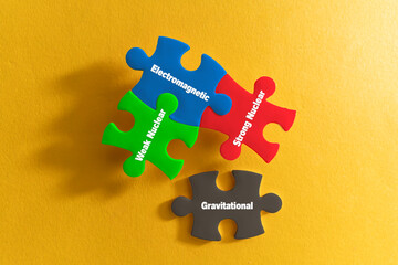 Four colored puzzle pieces, grey gravity, blue electromagnetic, green weak nuclear, and red strong...