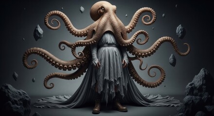 Enigmatic Figure with Tentacled Mantle and Ethereal Aura Amidst Floating Stones