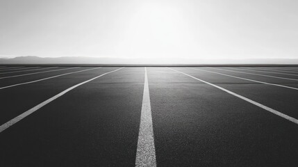 Empty black and white paved track extending into the distance, desert horizon