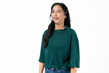 Cheerful beautiful Asian woman consultant wearing microphone headset of customer support phone operator at workplace on white background.