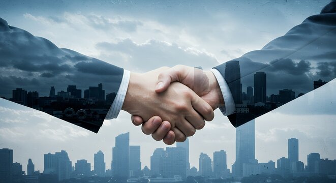 Handshake with city skyline overlay representing agreement partnership or business deal.
