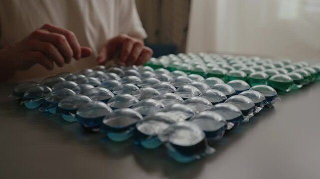 Cropped shot of housekeeper male arranging laundry detergent capsules sitting at table preparing to wash clothes. Concept of household organization and practicalities of modern cleaning solutions.