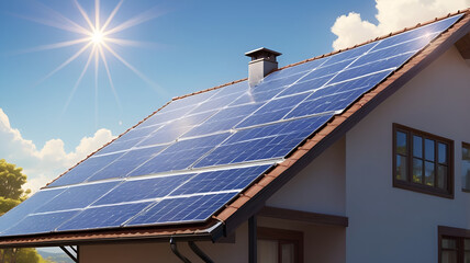 Obraz premium Solar panels installed on the roof of the house, utilizing solar energy.