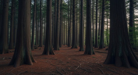 A dense forest with tall trees and a ground covered in brown foliage and roots in a natural setting