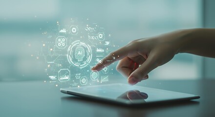 Hand touches tablet screen displaying digital network icons on a blurred background.