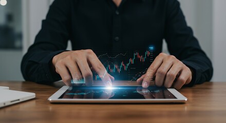 Person using a tablet with a rising graph overlayed on the screen.