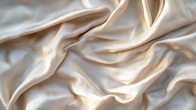 Raw silk fabric draped elegantly, showcasing its smooth texture and sheen in soft beige tones for fabric design and fashion applications
