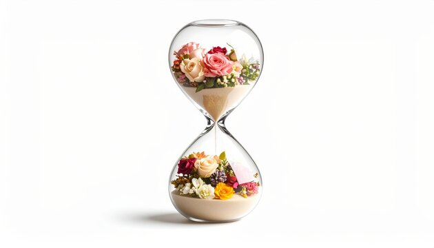 An hourglass filled with sand and pink roses on white background