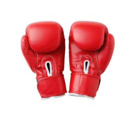 A pair of vibrant red boxing gloves positioned symmetrically on a clean white background. symbolizing strength and competition. ideal for sports-related content