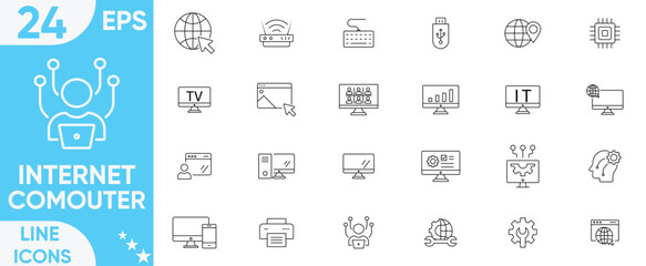 Internet Computer icon set.computer, network, website, Servers, database, Wi-Fi device, server, web design, hardware, software and more.Vector and illustrator set.
