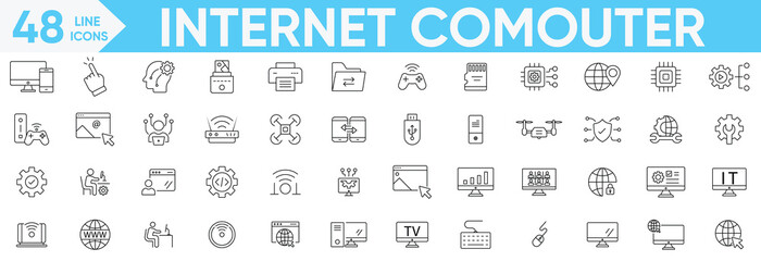 Internet Computer icon set.computer, network, website, Servers, database, Wi-Fi device, server, web design, hardware, software and more.Vector and illustrator set.