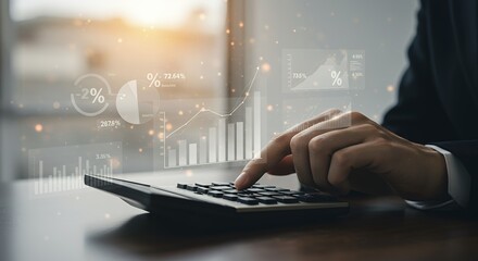 Hands using calculator with financial data overlay business concept blurred background.