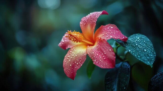 A macro shot of a vibrant rainforest flower with dew-covered petals