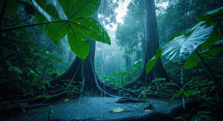 Rain falling in a lush green jungle with large leaves and exposed tree roots creating a wet scene