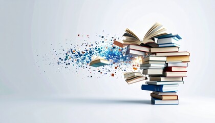 A stack of books explodes with knowledge isolated on white background