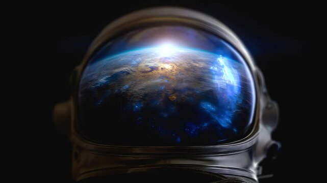Space helmet visor reflecting cosmic planet surface with glowing blue and golden light, sunrise view through space explorer visor, vibrant cosmic