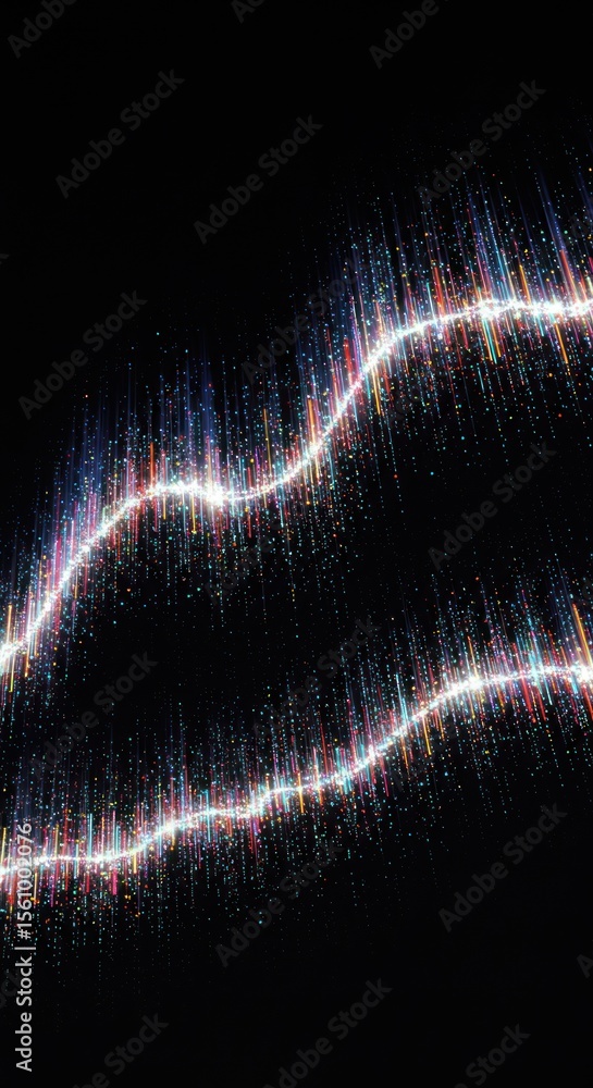 Poster abstract digital data waves with bright light lines on black background