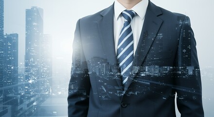 Man in suit stands against a cityscape backdrop business concept professional attire.