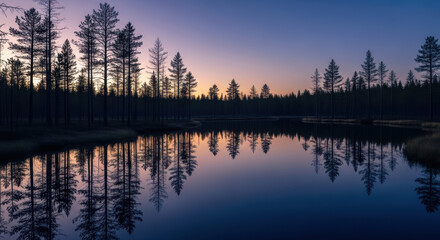 Fototapeta premium A tranquil lake mirroring silhouetted trees under a twilight sky with soft sunset hues visible above