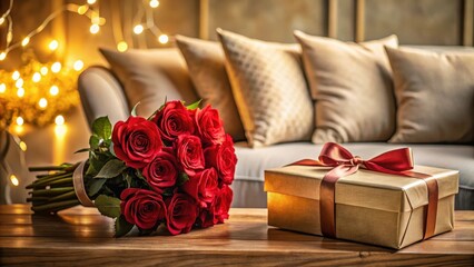 Obraz premium Romantic Evening Ambiance A Bouquet of Deep Red Roses and a Beautifully Wrapped Gift Resting on a Wooden Table in a Cozy Living Room Setting