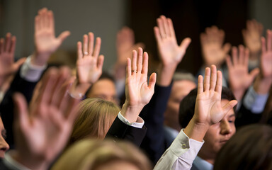 A group of people raising their hands signifies agreement, participation, or a vote in a business meeting or democratic process.