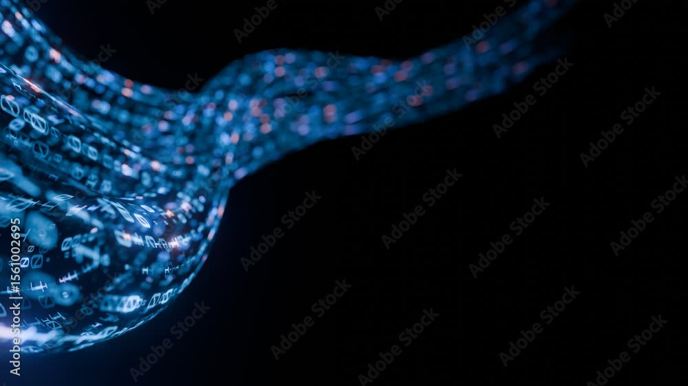 Poster Seamless loop. Flowing Stream of Glowing Digital Symbols and Binary Code Representing Data Transfer and Connectivity in a Futuristic Network System. 