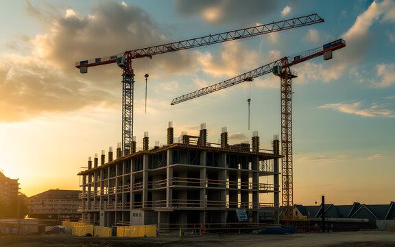 Two construction cranes dominate the skyline, overseeing the building process of a modern multistory structure at golden hour.