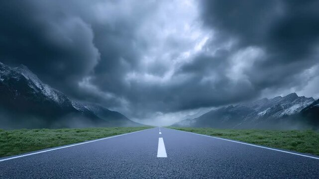 Dark cloudy sky over empty asphalt road with green grass and snow capped mountain landscape under moody nature atmosphere and stormy sky lightning