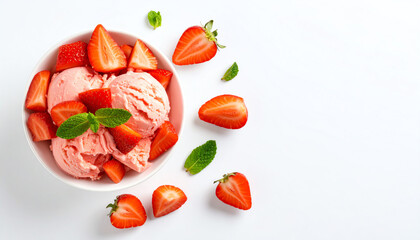 Fototapeta premium Delicious strawberry ice cream in a bowl, garnished with fresh strawberries and mint leaves on a white background.