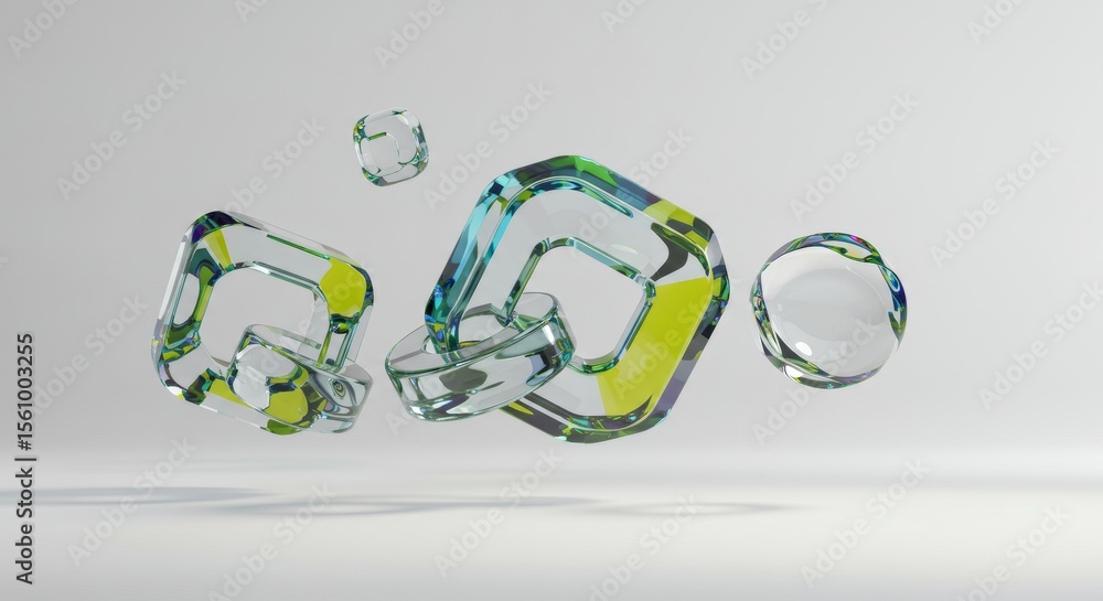 Poster abstract colorful glass shapes floating in space with reflections