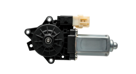 A car window motor, a critical component for controlling window movement, isolated on black.