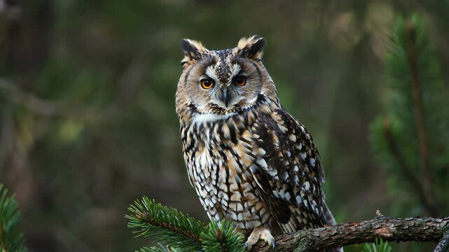 Majestic long eared owl perched on a pine branch observing nature
