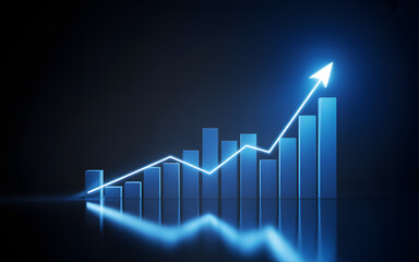 Ascending bar graph with arrow shows growth and success in business and finance on a dark background with reflections.