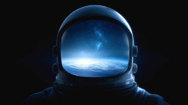 Astronaut helmet visor reflecting starry cosmic space and glowing Earth horizon, inspiring wonder and exploration beyond vast universe