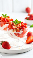 Delicious strawberry parfait served in elegant glass bowls, garnished with mint and topped with crunchy nuts.