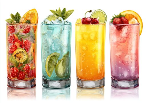 Refreshing summer cocktails four vibrant drinks transparent background perfect for menu design or advertisements. High quality