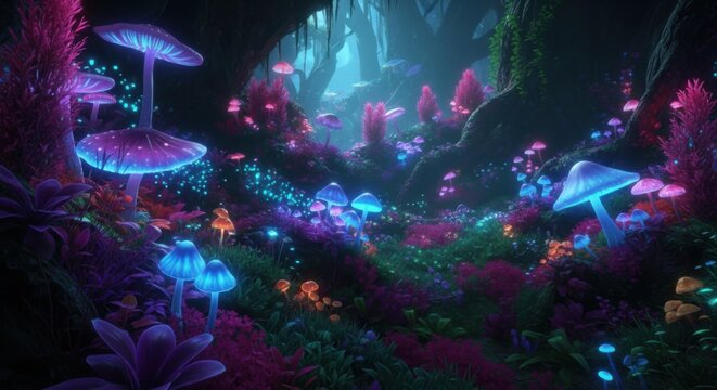 Enchanting bioluminescent mushroom forest glowing with vibrant colors in a mystical cave