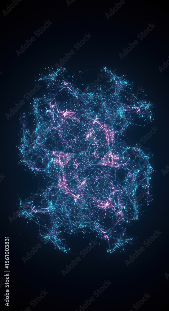Poster digital neural network visualization abstract light blue pink network on black background