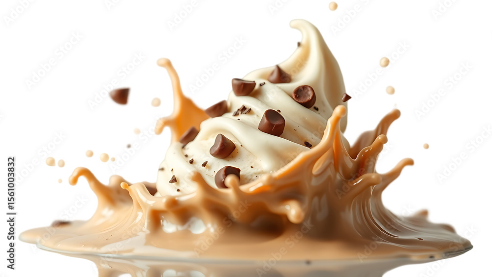 Poster vanilla chocolate chip ice cream splash in dynamic cocoa milk explosion isolated on transparent back