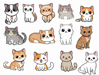 ute Kawaii Cat Collection - Adorable Cartoon Kitten Characters Vector Illustration Set