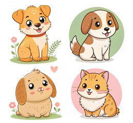 Adorable Puppy and Kitten Friends - Cute Dog Cat Cartoon Characters with Floral Elements