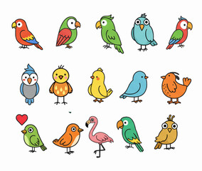 Colorful Tropical Birds Collection - Cute Cartoon Parrot and Exotic Bird Vector Set