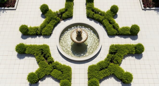 Aerial view of a symmetrical garden design featuring a central fountain surrounded by meticulously manicured green hedges and pathways with stone texture.