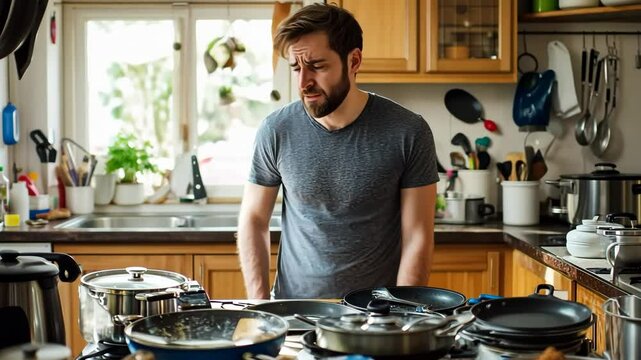A young Caucasian man with a beard stands in a messy kitchen. He looks focused while surrounded by dirty dishes and cooking utensils. Generative 4k video.