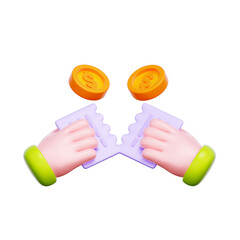 3D icon of two hands tearing a ticket or coupon. For split bill, shared expenses, group payments, and financial division.