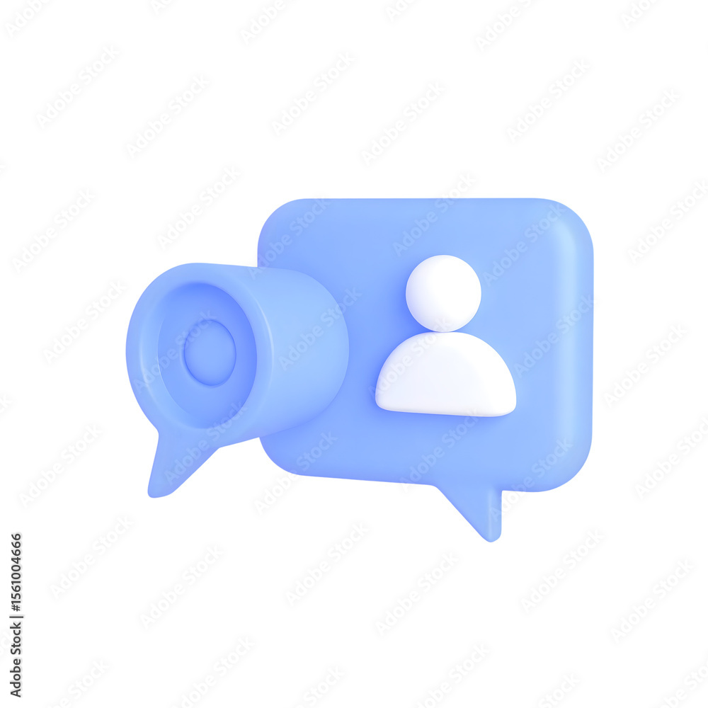 Poster 3d blue chat bubble with user icon and notification bell isolated on transparent background
