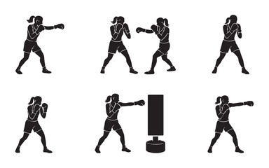 Female boxer training poses silhouette set, woman boxing workout vector, athletic fighter stance, strength and fitness icons, combat sport female illustration
