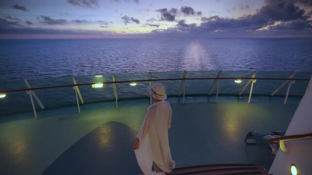 Envision a peaceful evening on a luxury cruise ship, surrounded by stunning ocean views and a beautiful sunsetideal for relaxation and creating unforgettable memories with loved ones