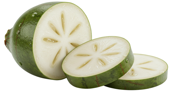 Sliced winter melon featuring a green rind and a pale white interior texture